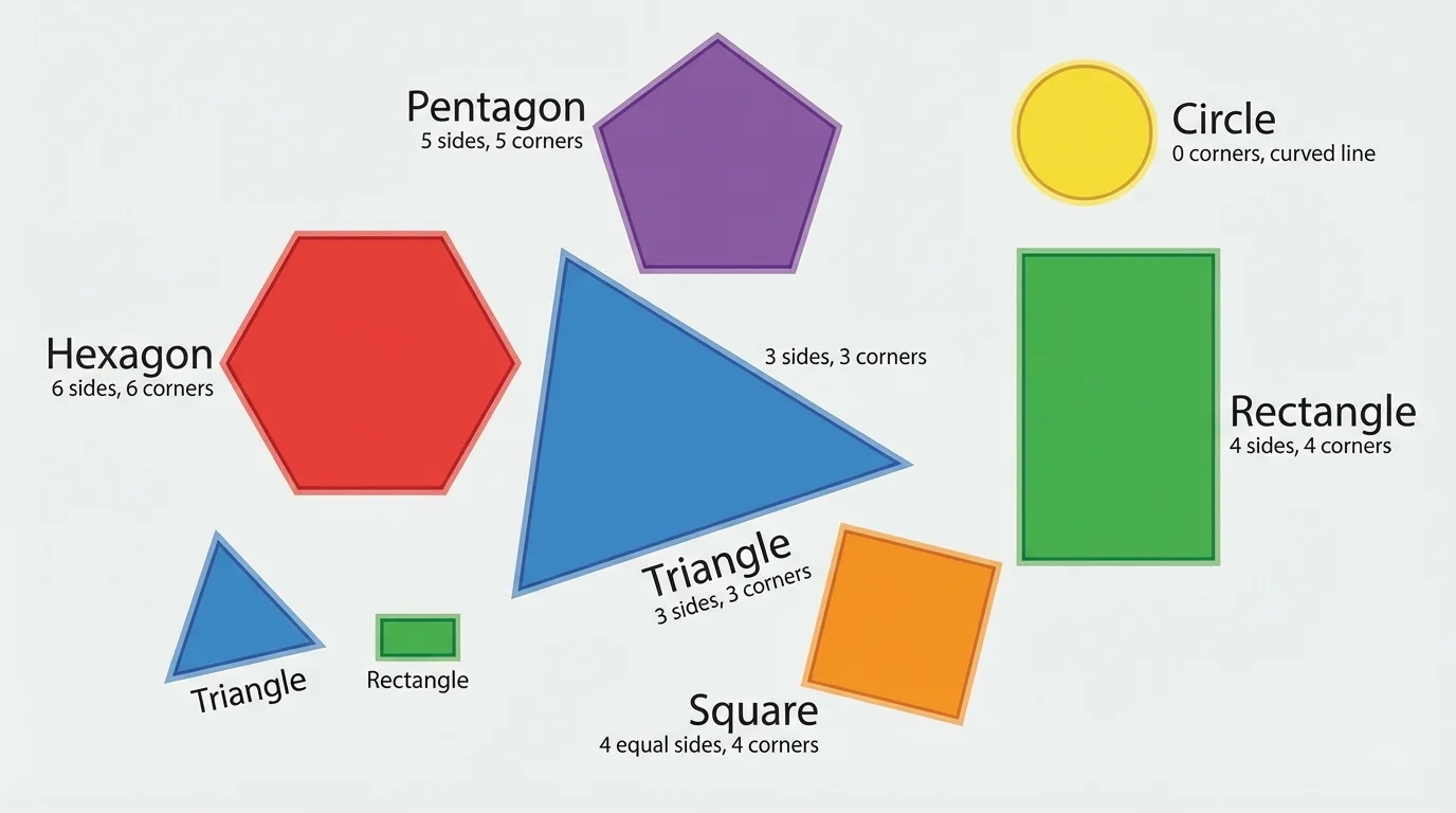 labeled flat shapes with clear outlines and countable sides and corners