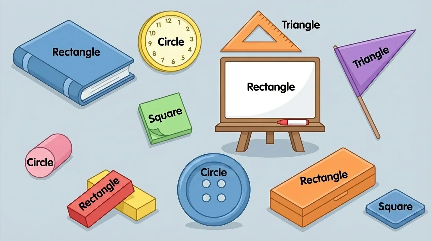 classroom objects showing different shapes in different sizes and positions