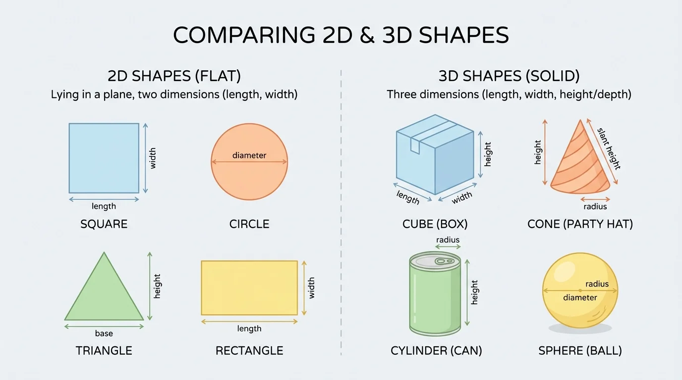 labeled solid shapes cube, cone, cylinder, and sphere shown as simple classroom objects like a box, party hat, can, and ball