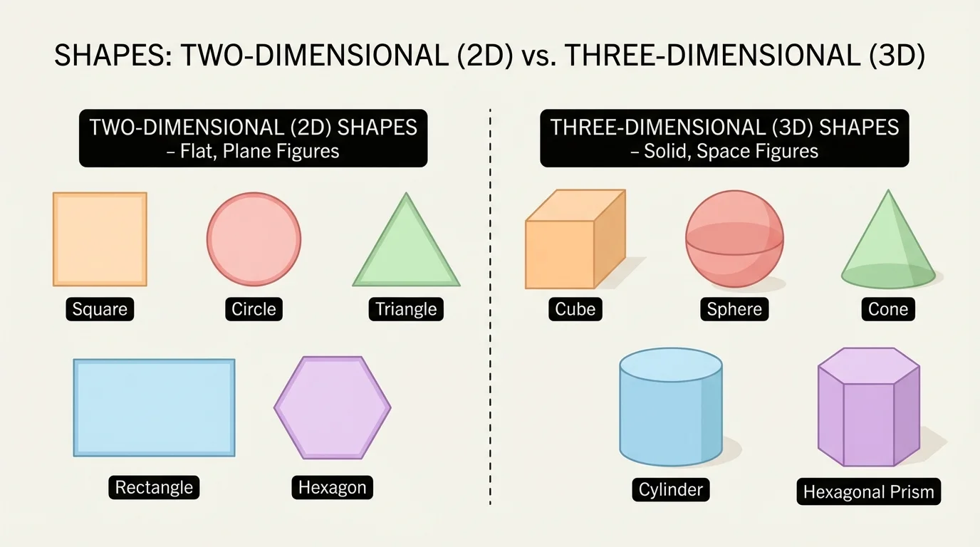 children's textbook style chart showing a square, circle, triangle, rectangle, and hexagon as flat outline shapes on a page