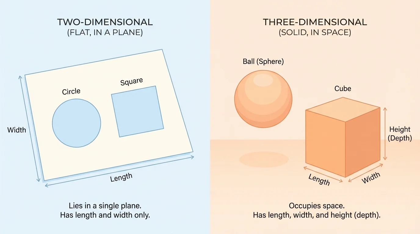 side-by-side comparison of flat shapes on paper and solid objects in space, including circle vs ball and square vs cube