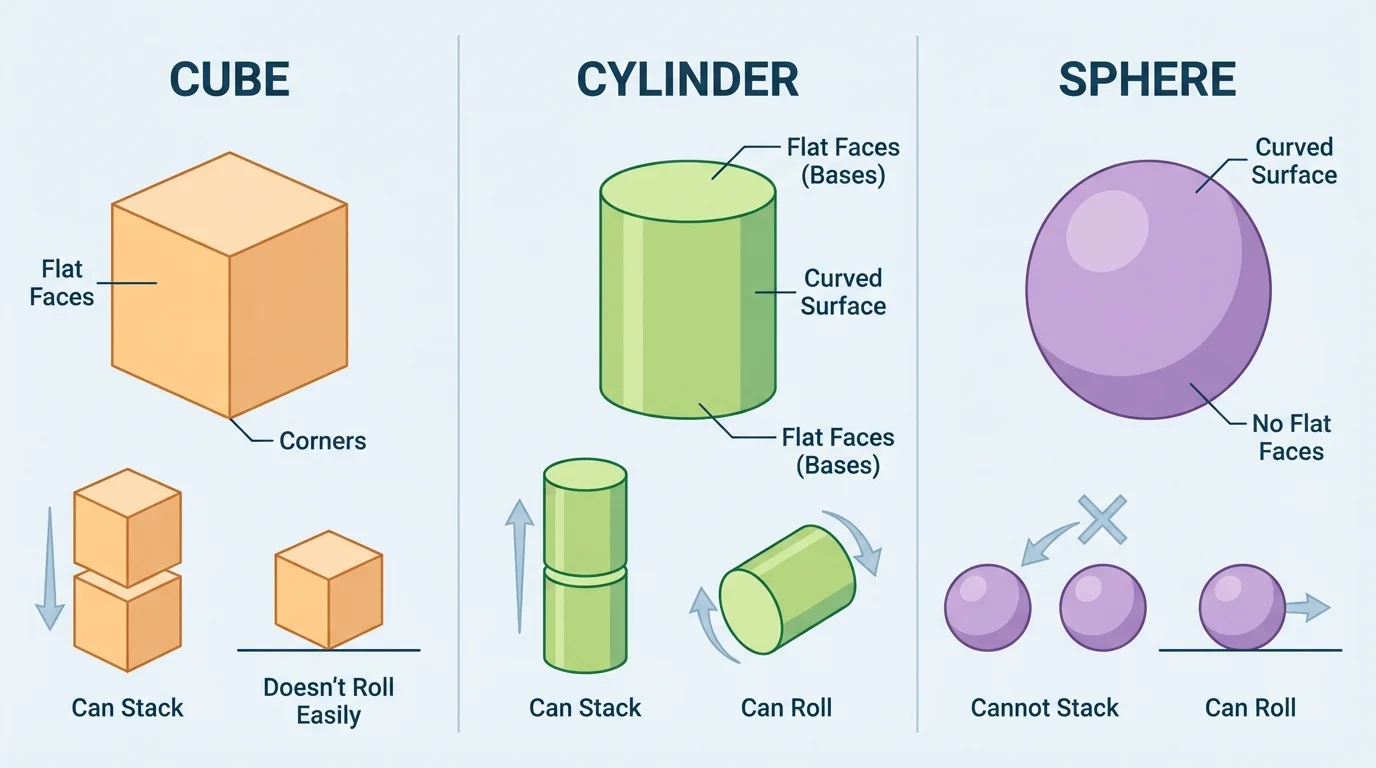 side-by-side solids showing flat faces, rolling surface, and stacking ability for cube, sphere, and cylinder