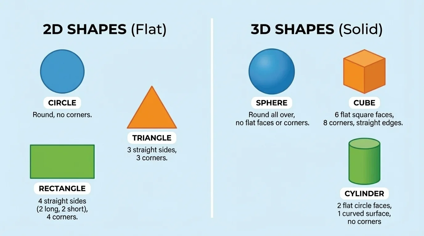 common flat shapes next to common solid shapes, labeled circle, triangle, rectangle, sphere, cube, cylinder