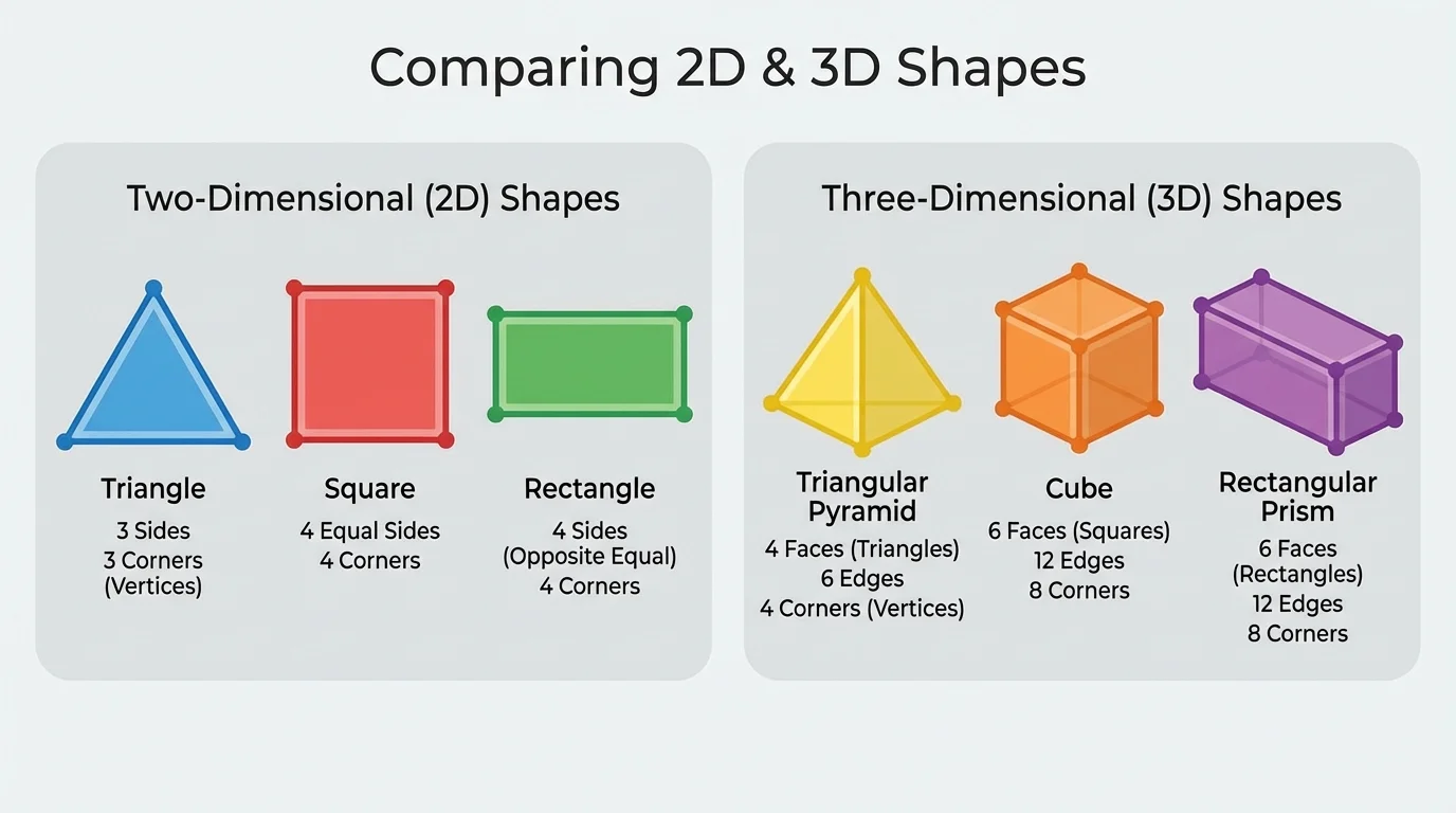 triangle, square, and rectangle with sides traced and corners marked by dots