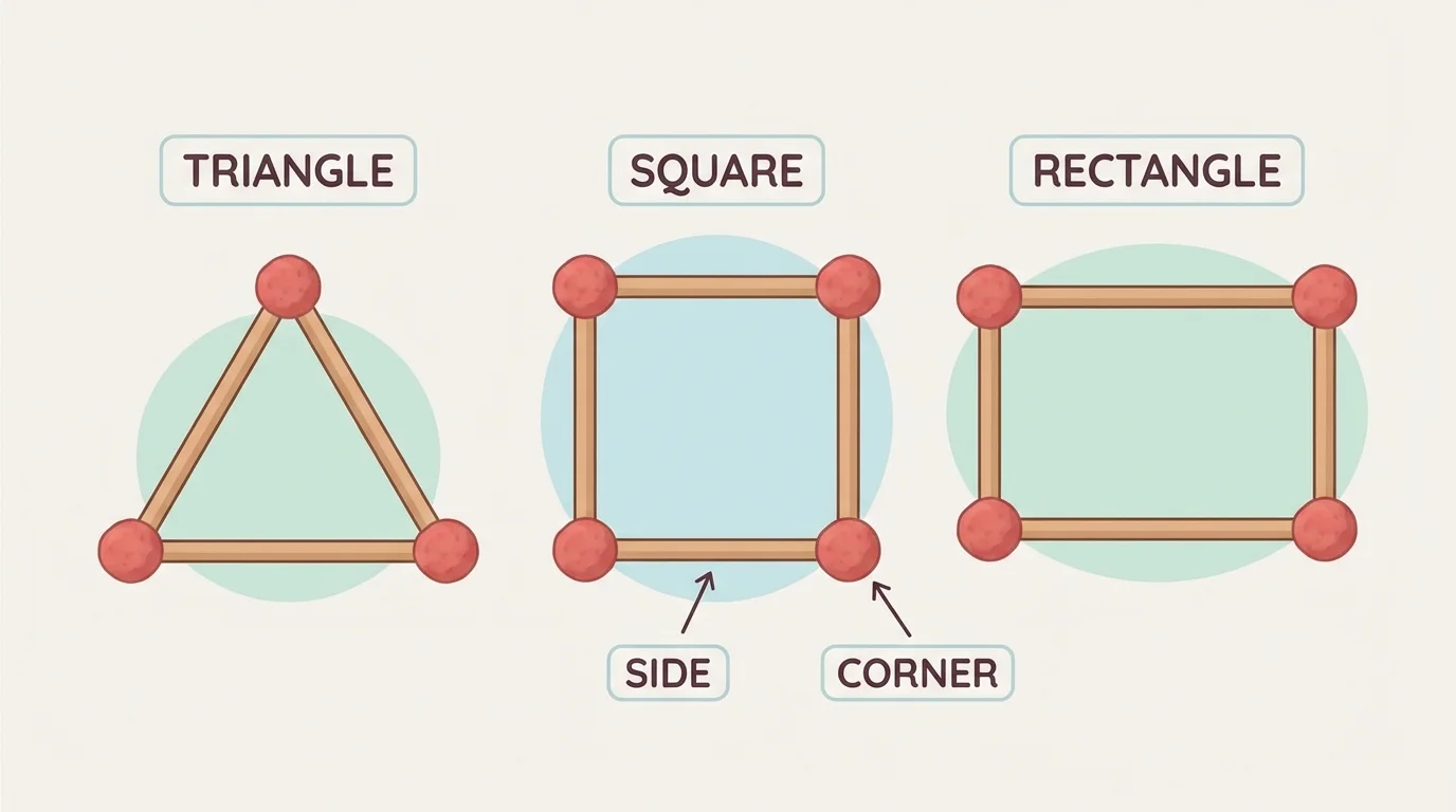 triangle, square, and rectangle built from sticks as sides and clay balls as corners, with simple labels for sides and corners