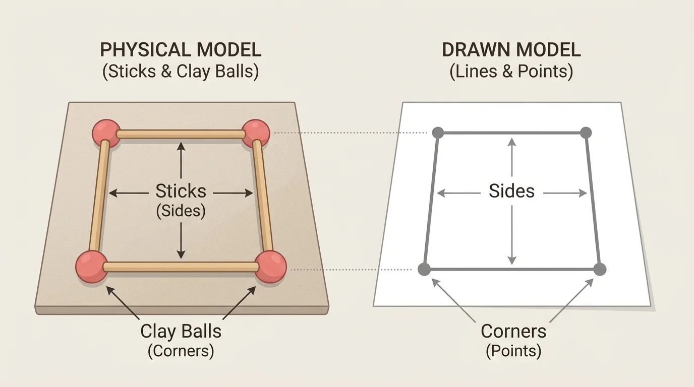 side-by-side comparison of a square built from four sticks and four clay balls next to a simple drawn square with matching corners and sides