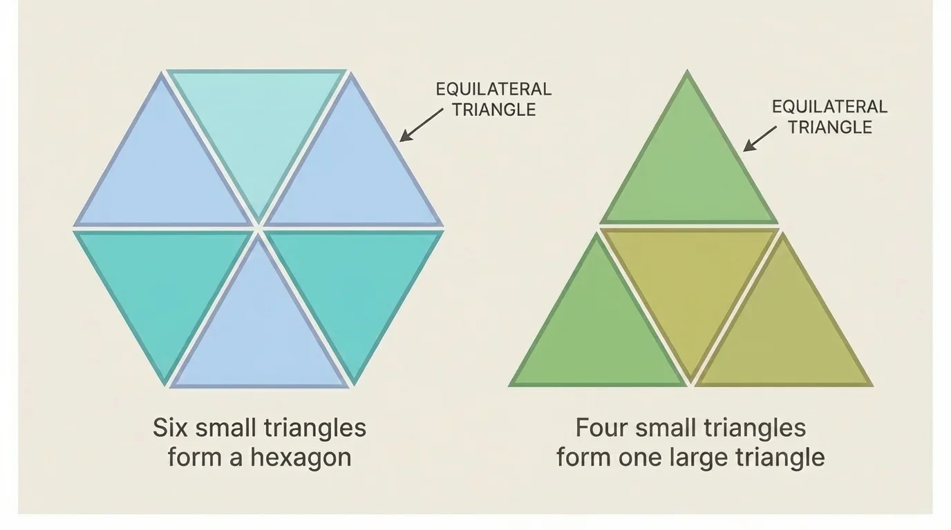 Six small triangles forming a hexagon and three small triangles forming one large triangle