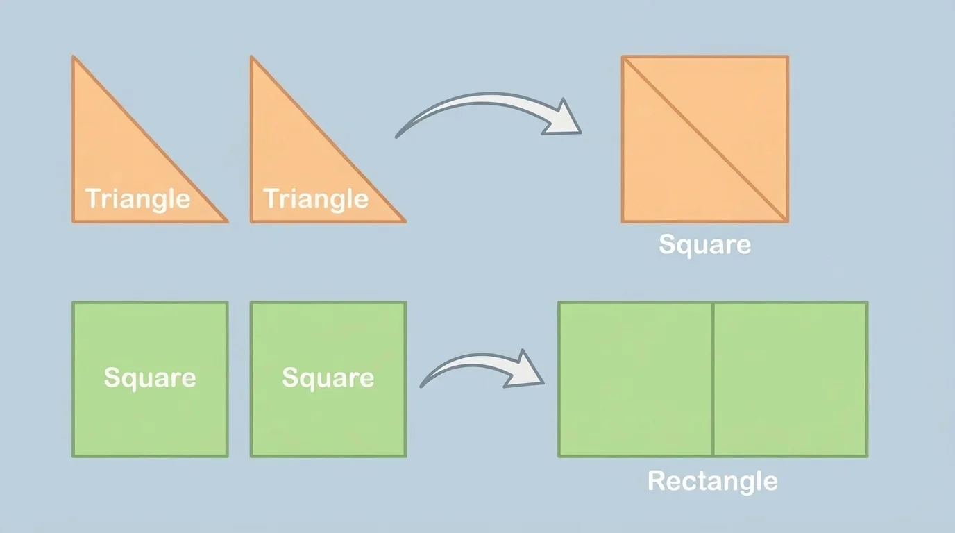 A square made from two equal triangles, and a rectangle made from two equal squares