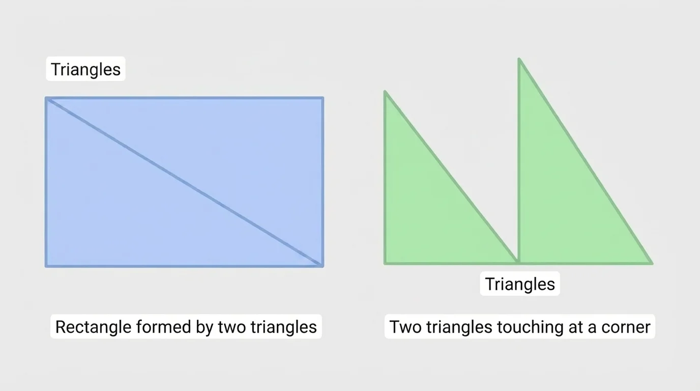 Two triangles side-by-side, one pair joined along a whole side to form a rectangle and another pair touching only at one corner