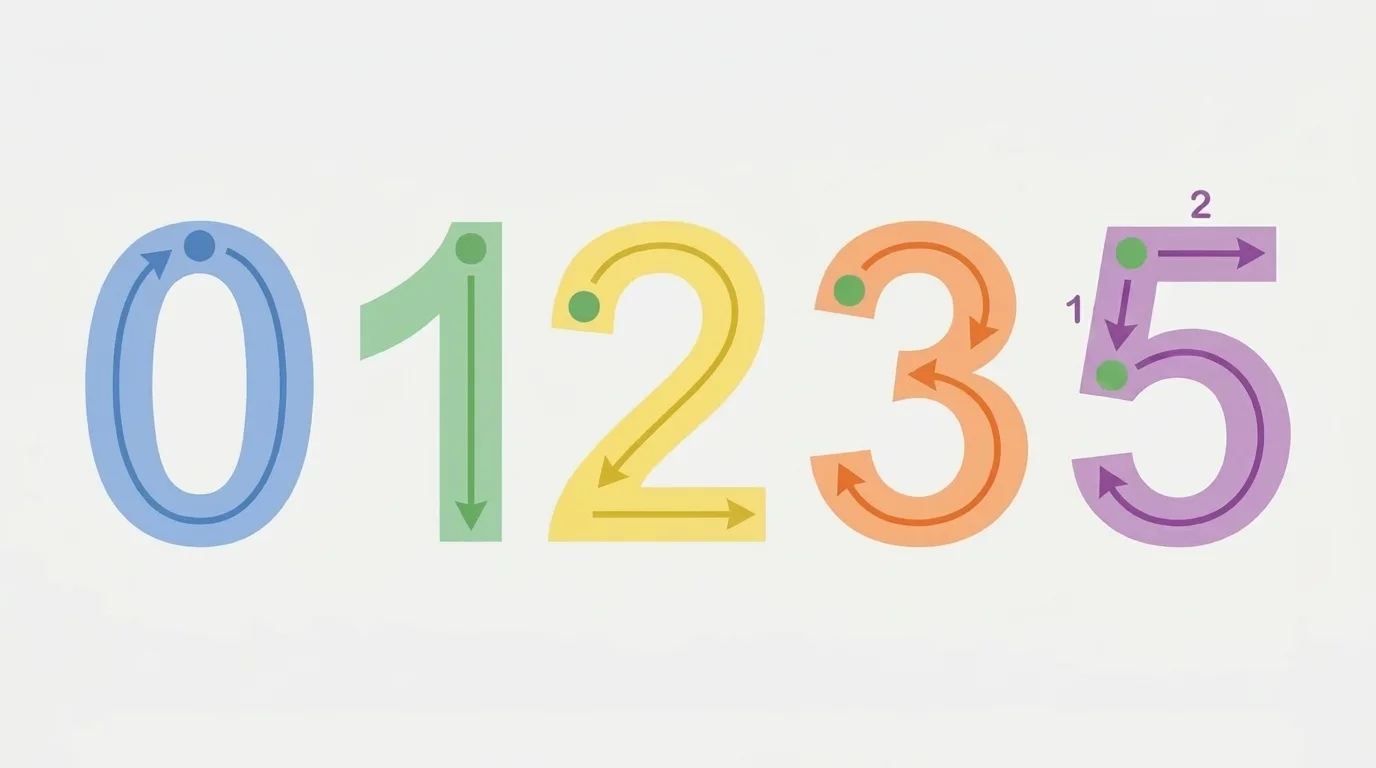 large numerals 0, 1, 2, 3, and 5 with simple arrows showing writing direction and starting points