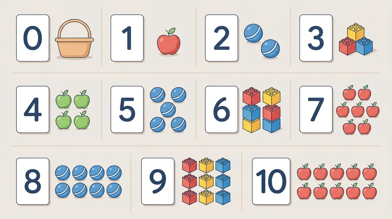 several small groups of objects such as blocks, apples, and balls with nearby numeral cards showing correct matches from 0 to 10