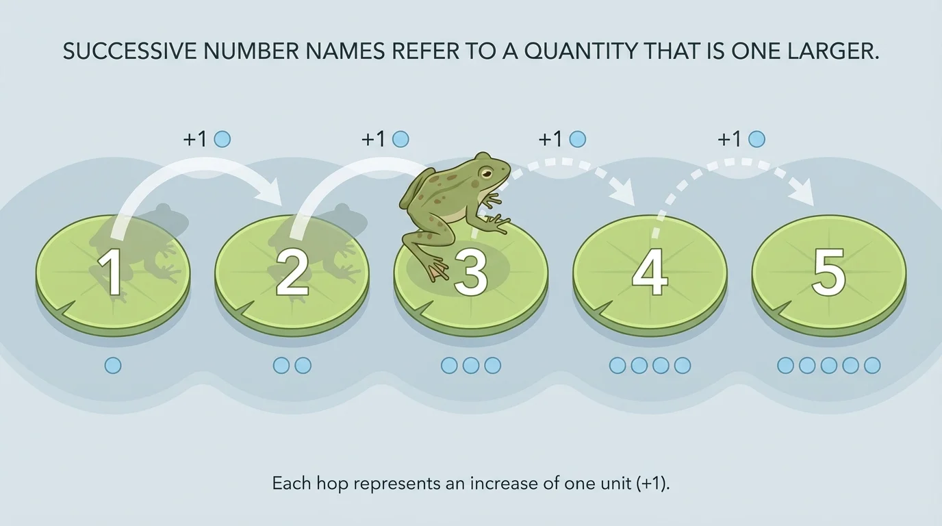 number path with spaces labeled 1 through 5 and a frog hopping one step at a time