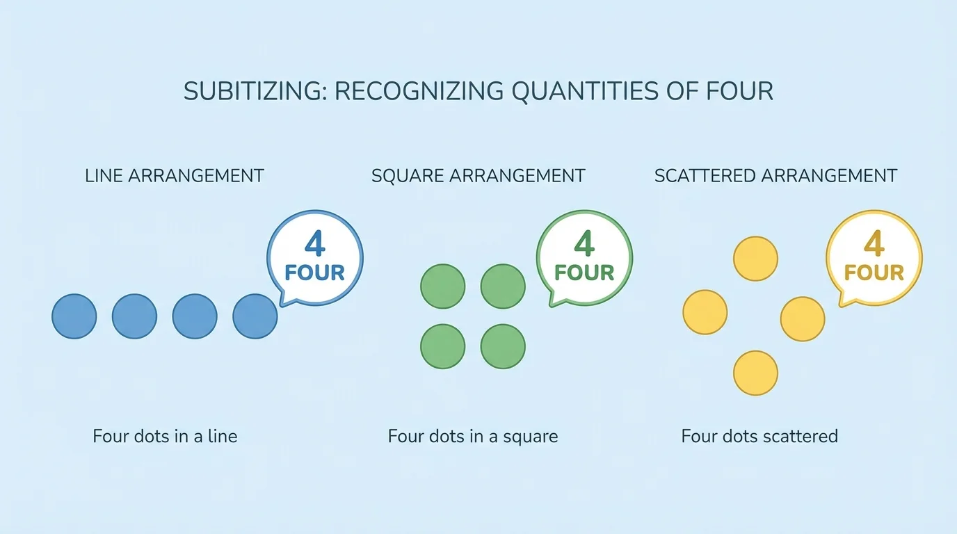 Three different arrangements of four dots: line, square, and scattered pattern