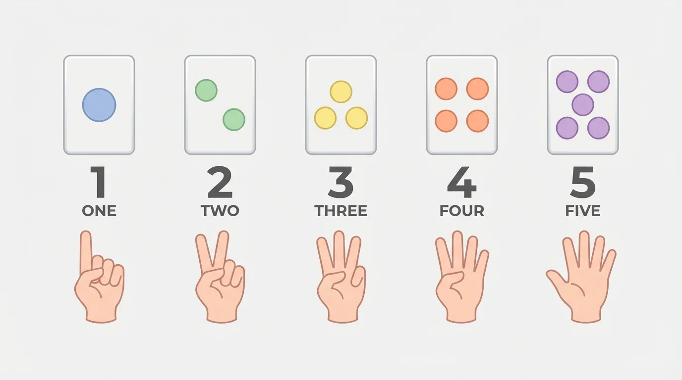 Cards with groups of objects matched to number labels 1 to 5 and simple hand signs
