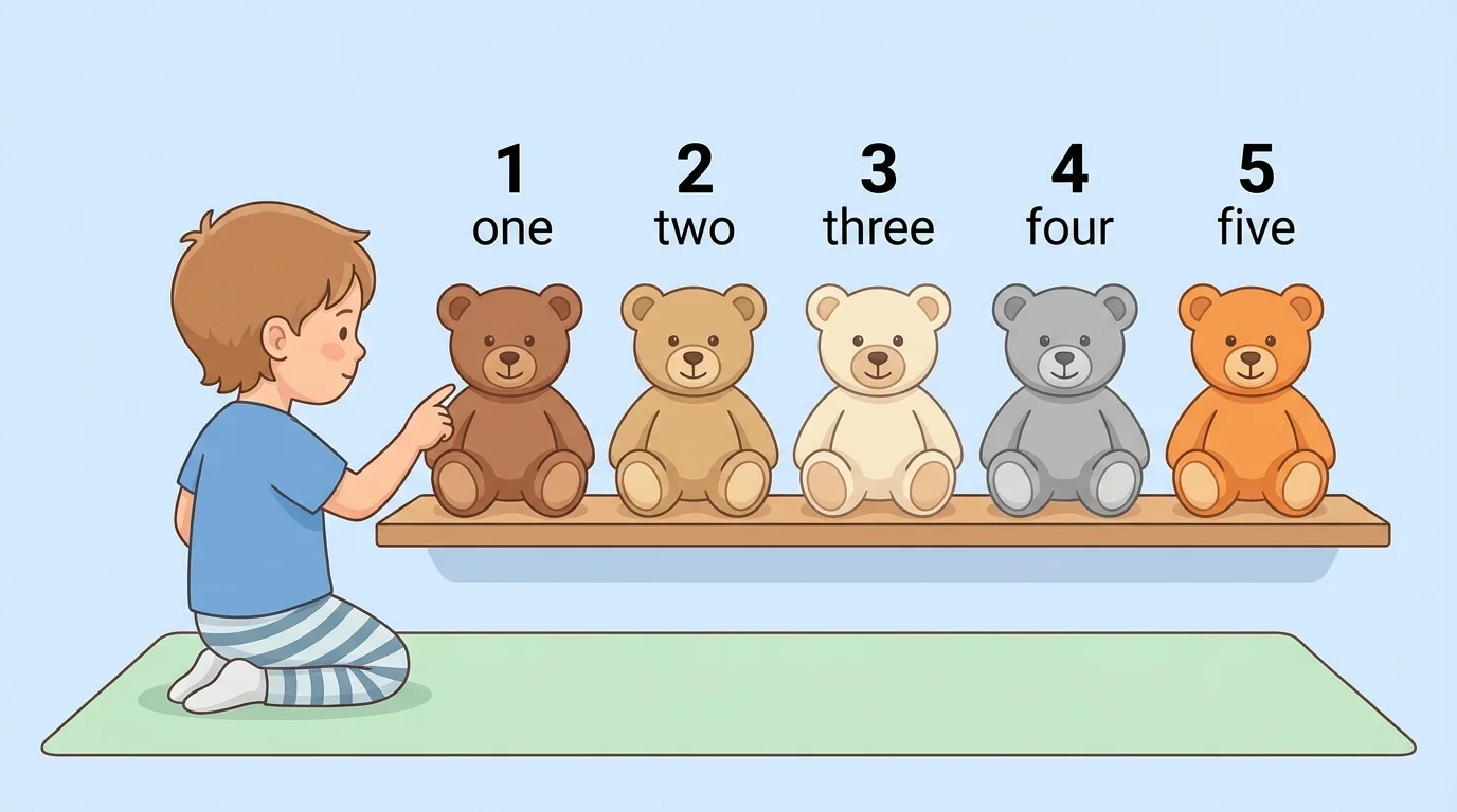 child pointing to 5 teddy bears in a line, touching one bear for each number word from 1 to 5