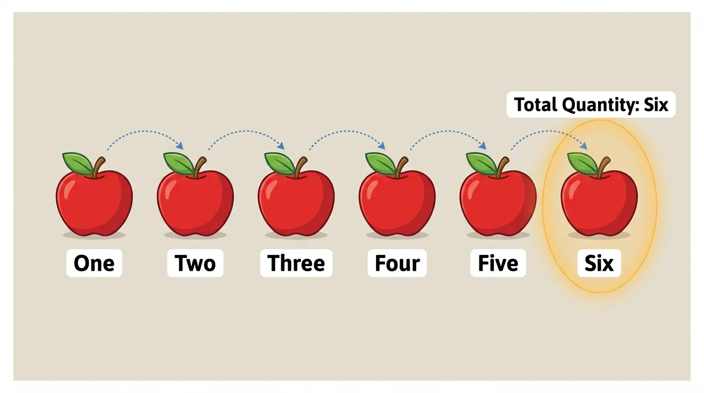 6 apples with counting marks, last apple highlighted to show that 6 means the whole set has 6 apples