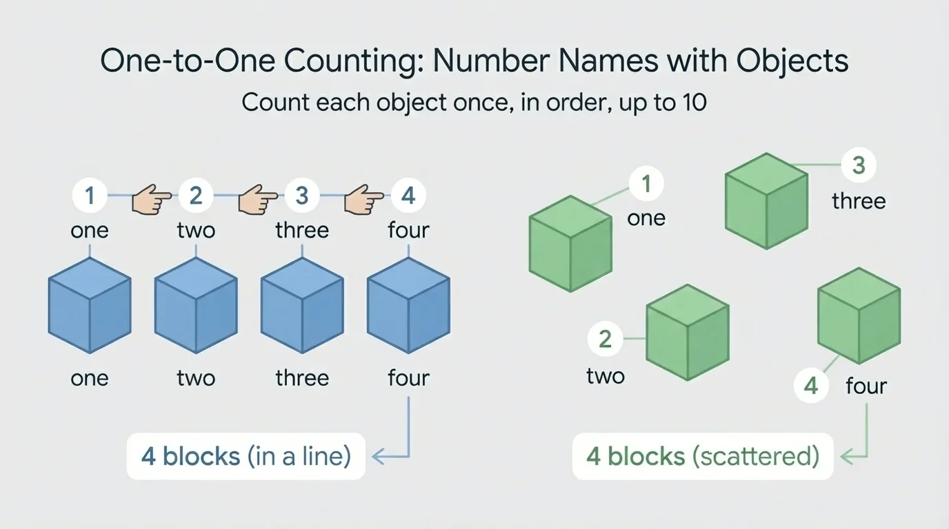 two groups of 4 blocks, one in a straight line and one scattered, showing both groups have 4