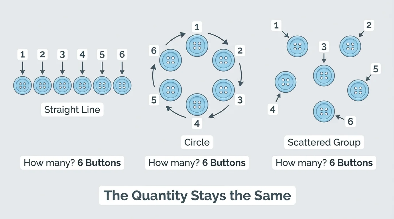 Six buttons shown in three arrangements—a straight line, a circle, and a scattered group—to show the quantity stays the same