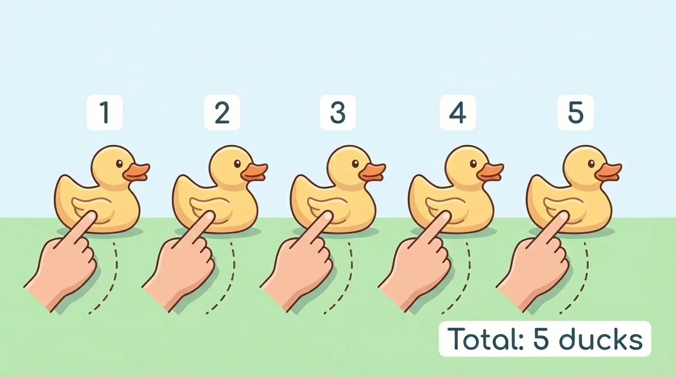 Child's hand pointing to 5 toy ducks in a row, each duck matched to one counting word as the child counts from 1 to 5