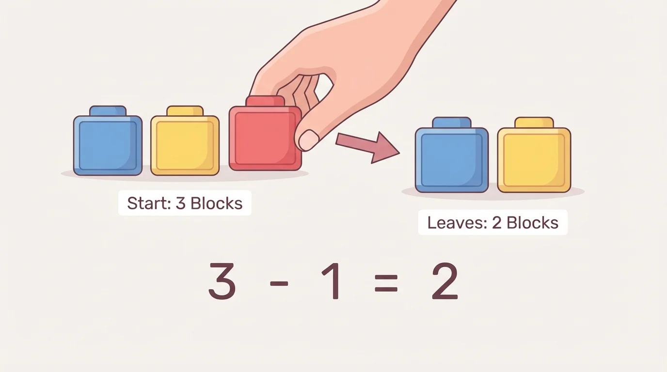Three toy blocks with one moved away, showing taking away leaves two