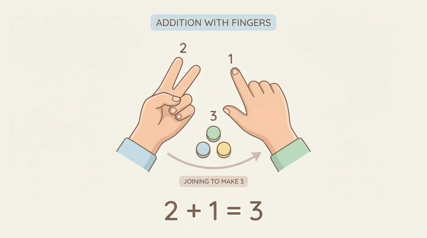 Child hands showing 2 fingers on one hand and 1 finger on the other for joining to make 3