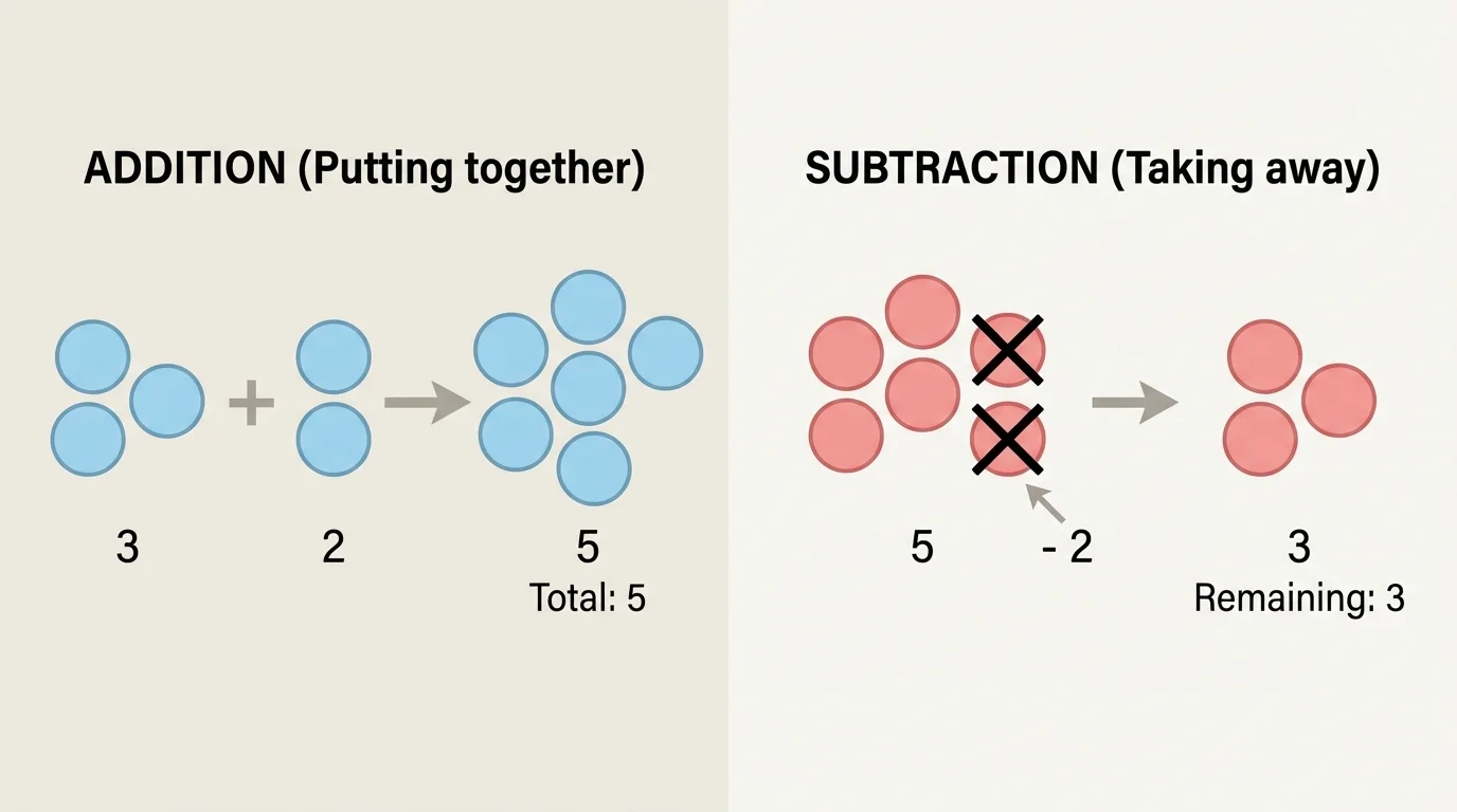 Simple drawings of circles, one set with extra circles added and one set with circles crossed out