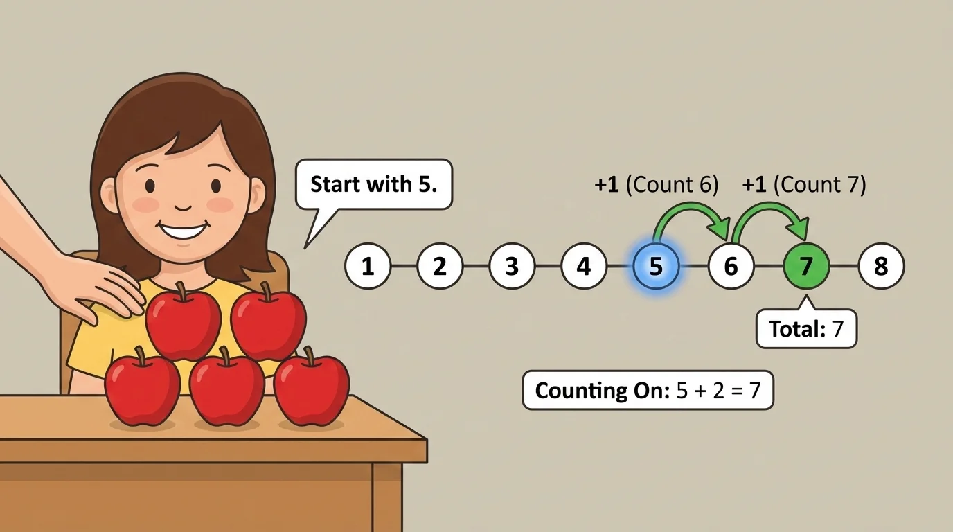 child with 5 apples already in a group and counting 2 more with two forward hops on a simple number path