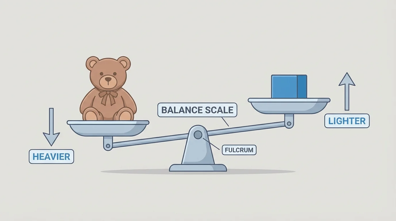 simple balance scale with teddy bear lower and block higher to show heavier and lighter
