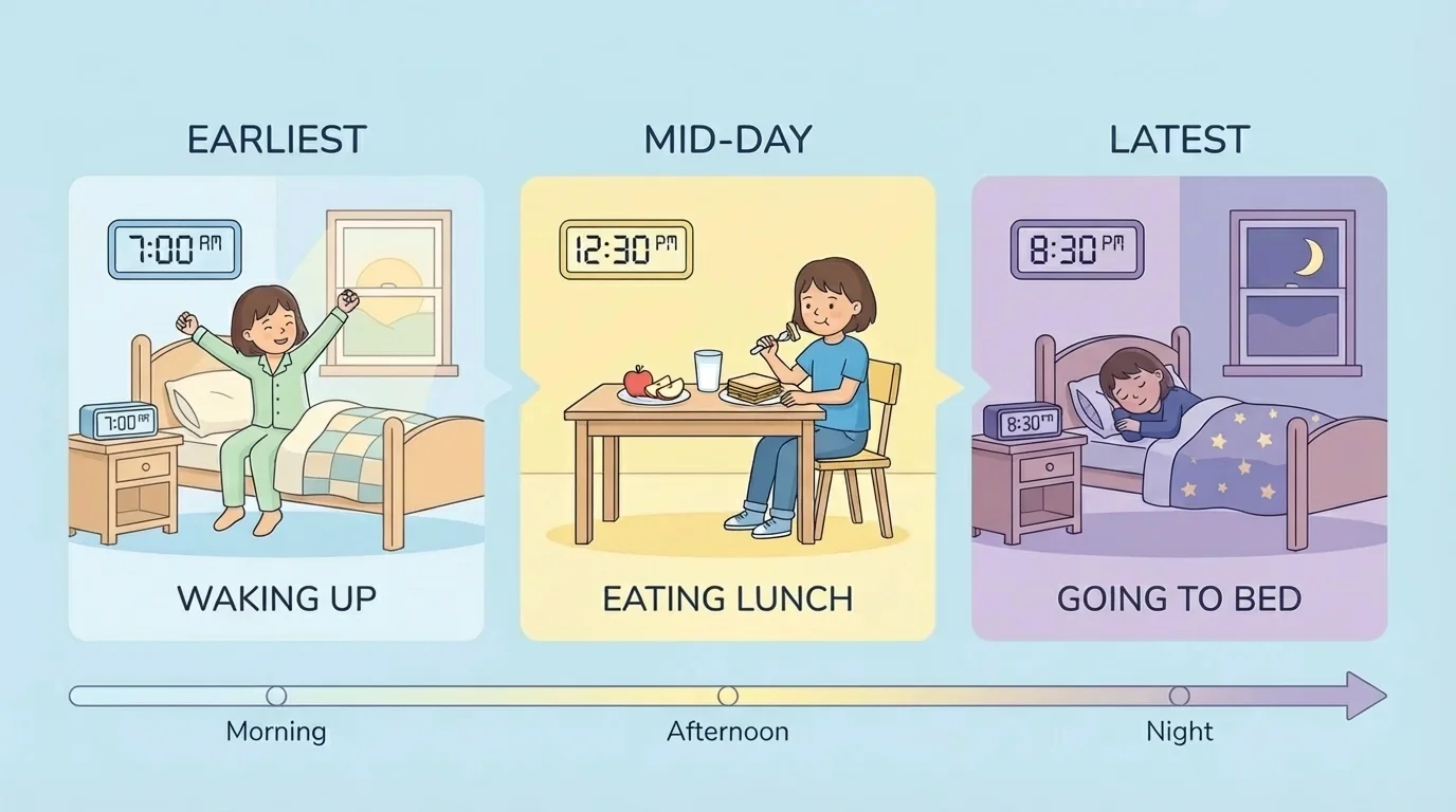 child daily routine in left-to-right order showing waking up, eating lunch, and going to bed