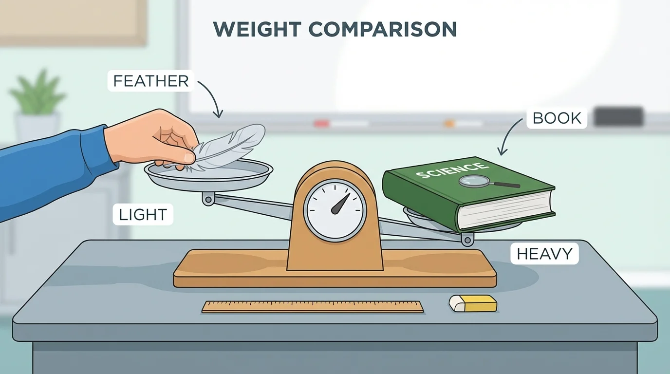 A child comparing a light feather and a heavy book, with a simple balance scale holding classroom objects