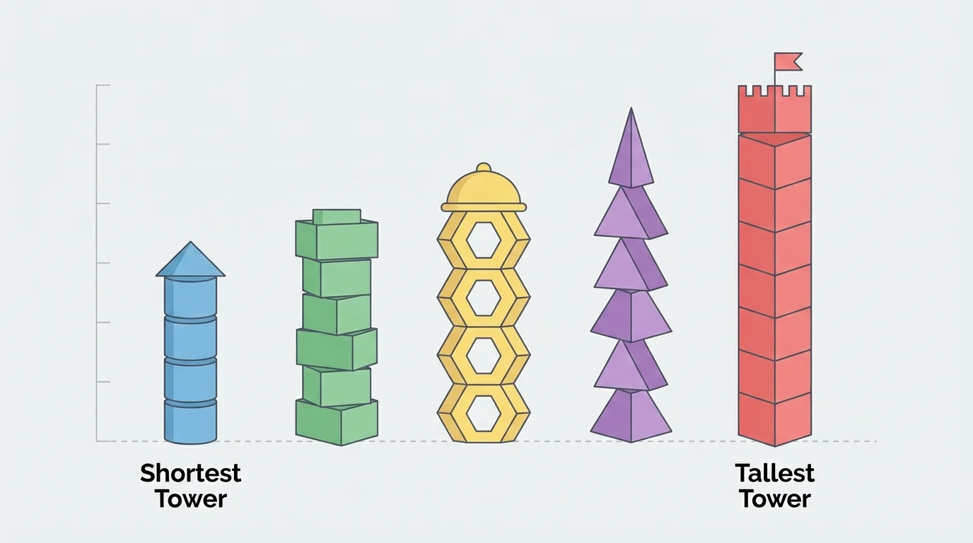 Five toy towers lined up from shortest to tallest, each clearly different in height