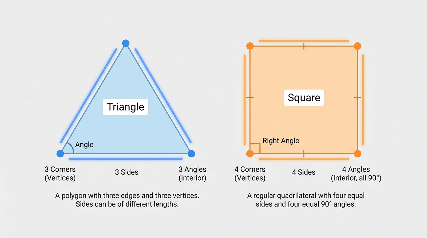 Two large simple shapes, a triangle and a square, with sides highlighted and corners marked by dots