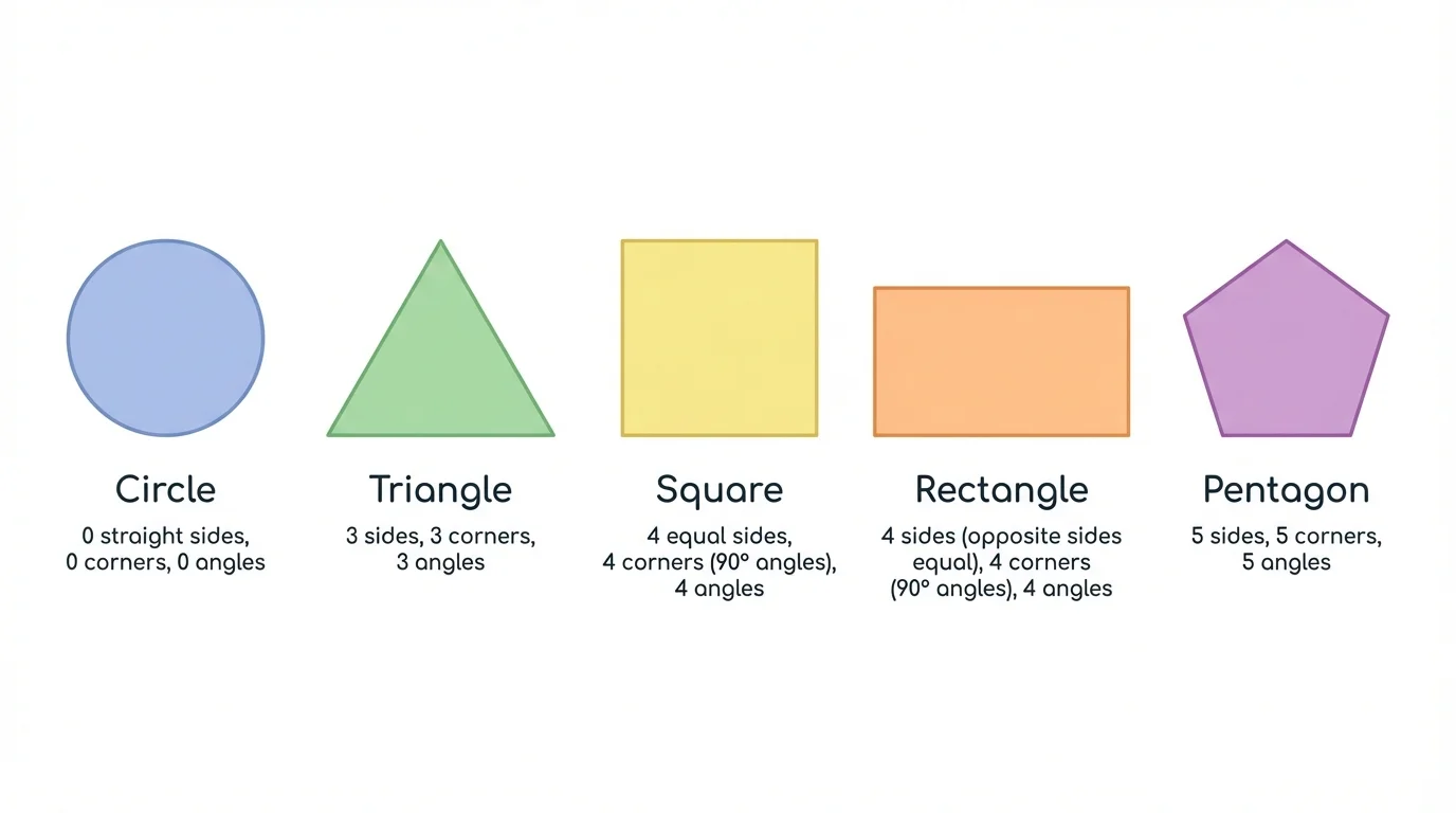 Row of five flat shapes: circle, triangle, square, rectangle, pentagon, each clearly separated and labeled