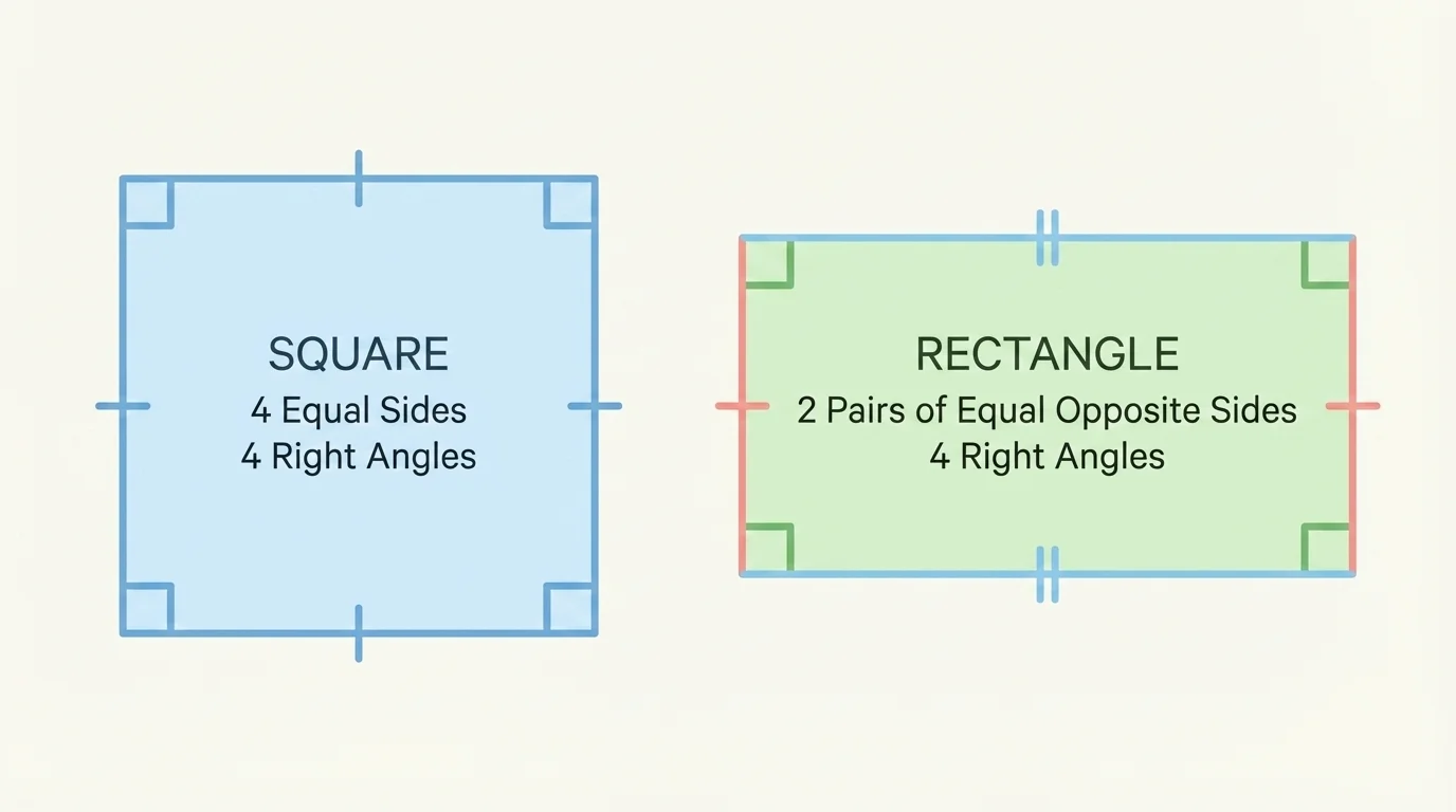 A square with all sides matching and a rectangle with two long sides and two short sides, side lengths shown with matching color pairs