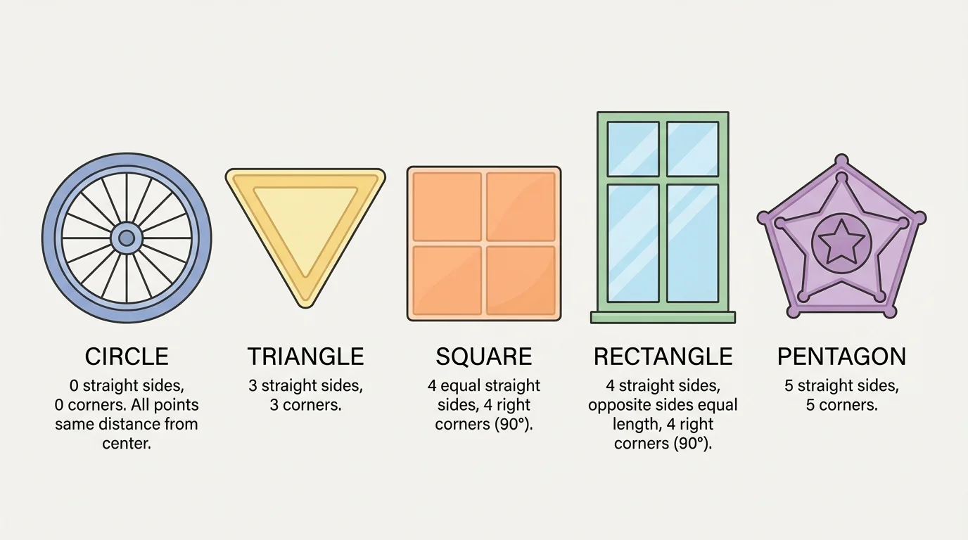 Wheel as circle, slice sign as triangle, window as rectangle, tile as square, badge as pentagon