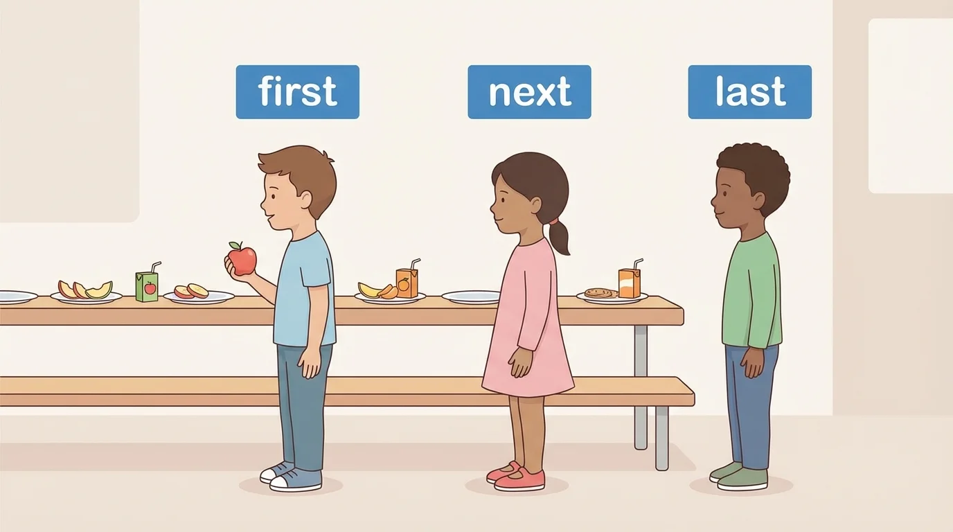 Three children in a line at snack time, labeled first, next, last
