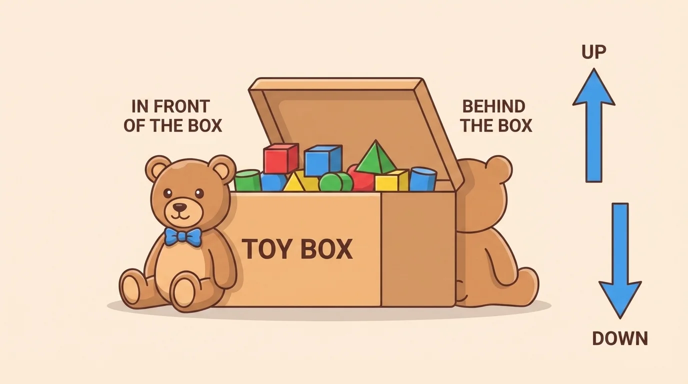 Teddy bear in front of a toy box and another teddy bear behind the box, clear side view