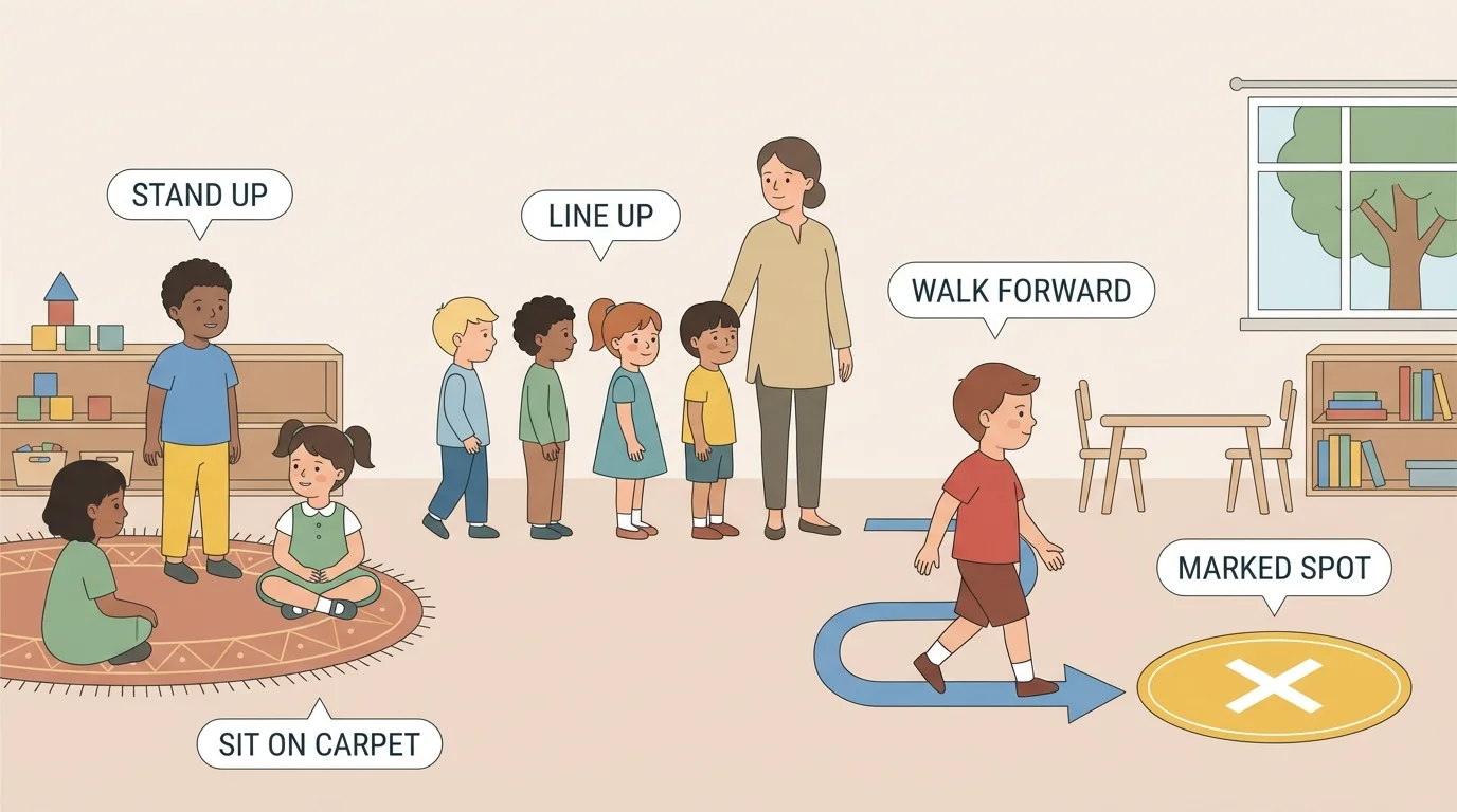 preschool classroom with children standing, sitting on carpet, lining up, and walking forward to a marked spot on the floor