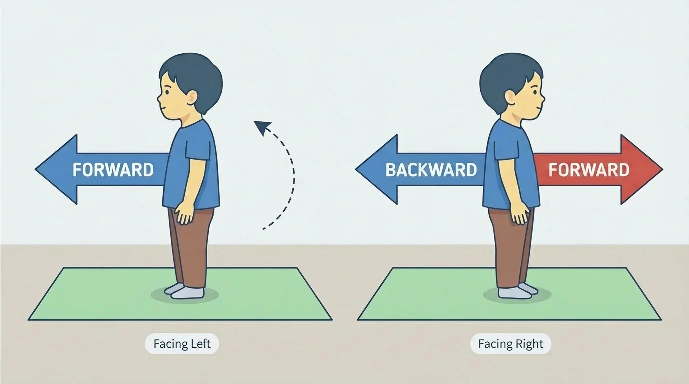 child facing one direction with arrow labeled forward, then turned to a new direction with new forward arrow and backward arrow relative to the body