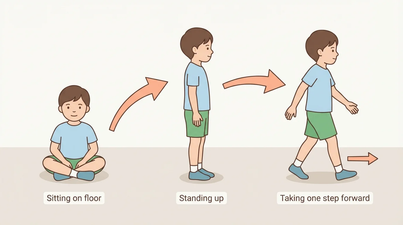 child in three positions: sitting on floor, standing up, then taking one step forward with arrows showing the movement