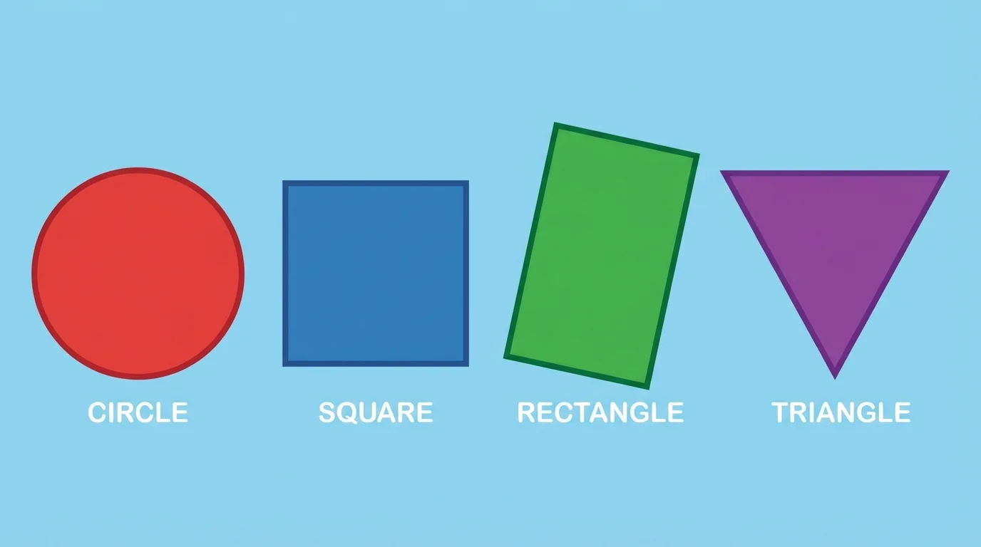 Simple labeled circle, square, rectangle, and triangle side by side in different colors
