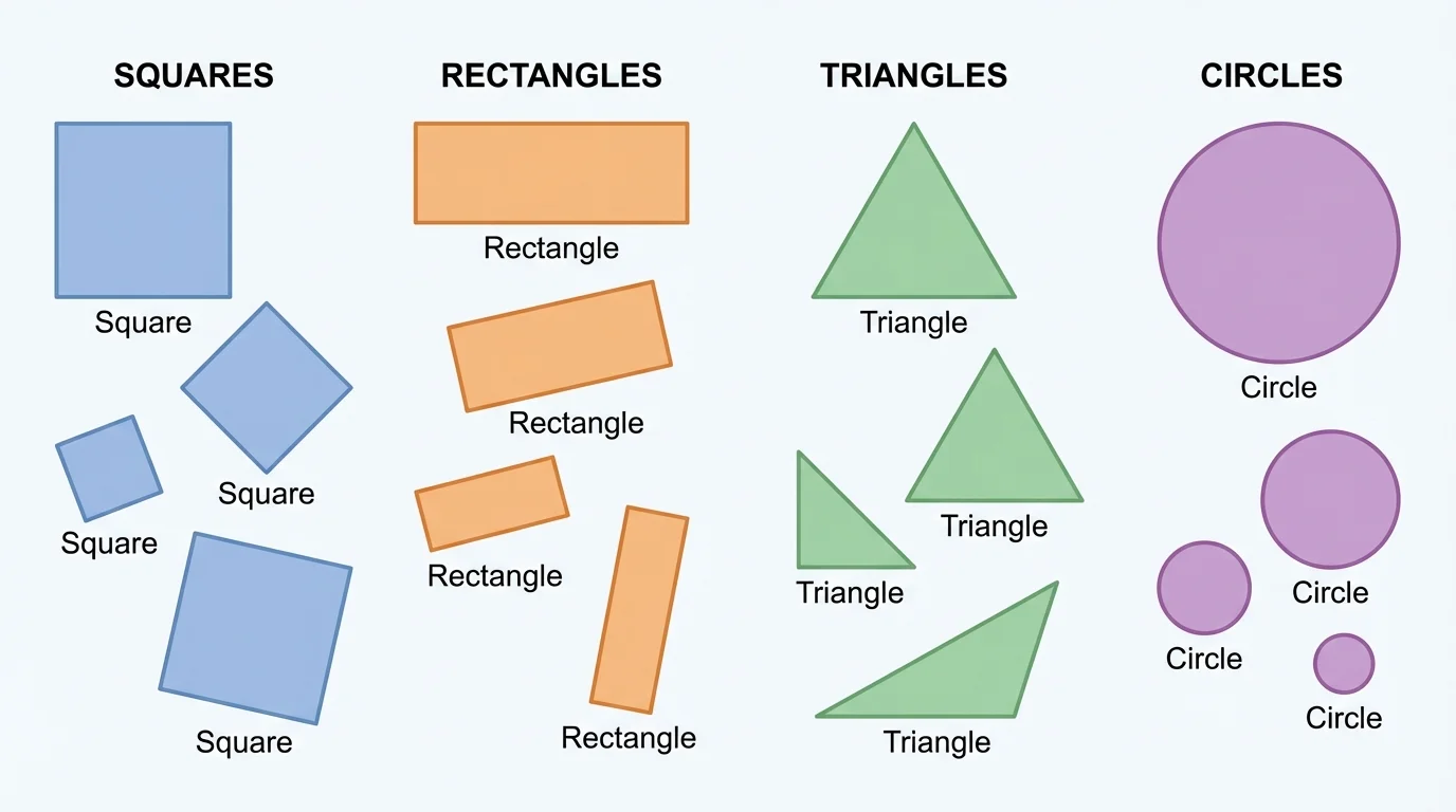 Square, rectangle, and triangle shown in several turned positions, with matching shape names