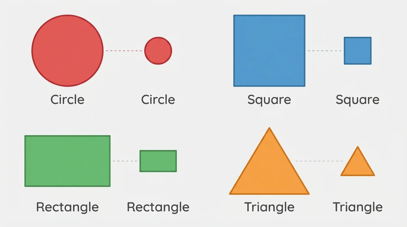 Large and small circle, square, rectangle, and triangle paired to show same shape despite different size