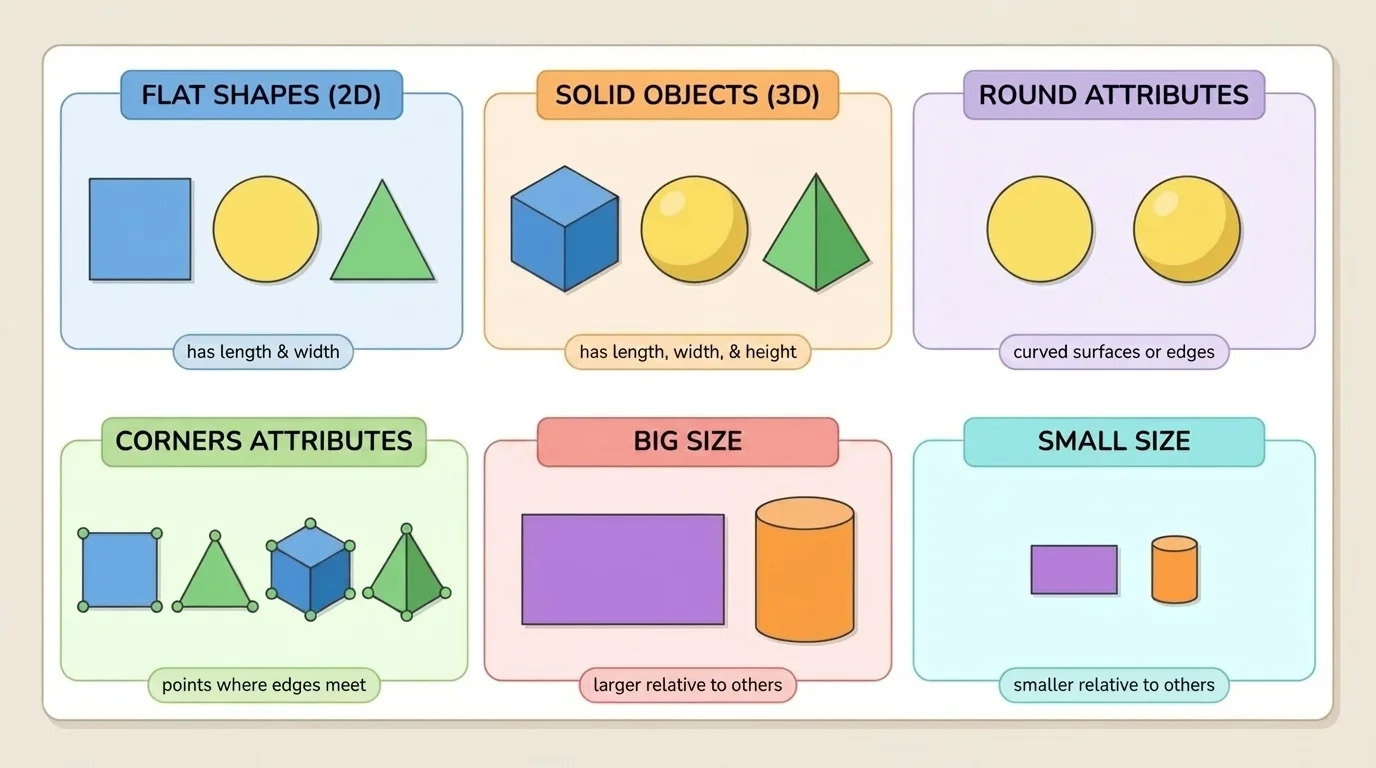 sorting mat with groups labeled flat, solid, round, corners, big, small, with sample shapes and objects placed in the groups