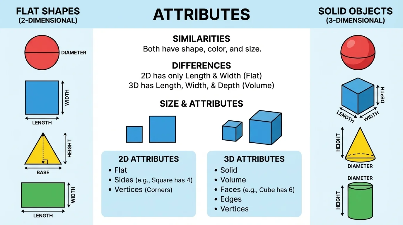 child-friendly comparison chart showing flat shapes circle, square, triangle, rectangle on one side and solid objects sphere, cube, cylinder on the other side, with simple labels