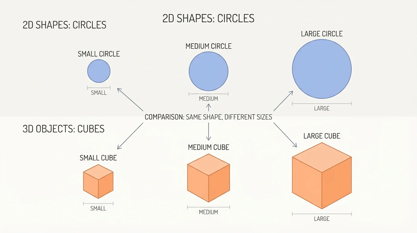 three circles in small medium and large sizes next to three cubes in small medium and large sizes, showing same shape with different sizes