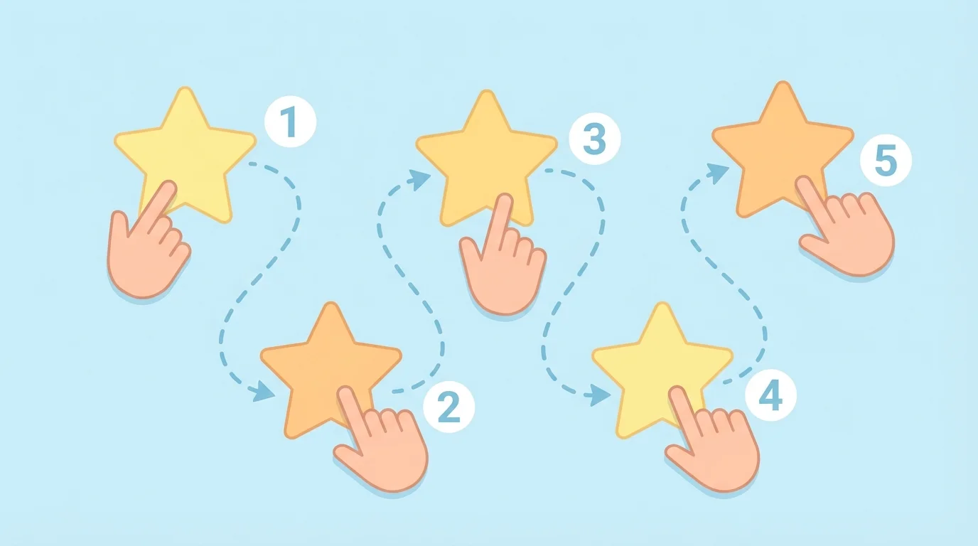 five stars scattered on a page with a clear finger path showing the counting order from 1 to 5