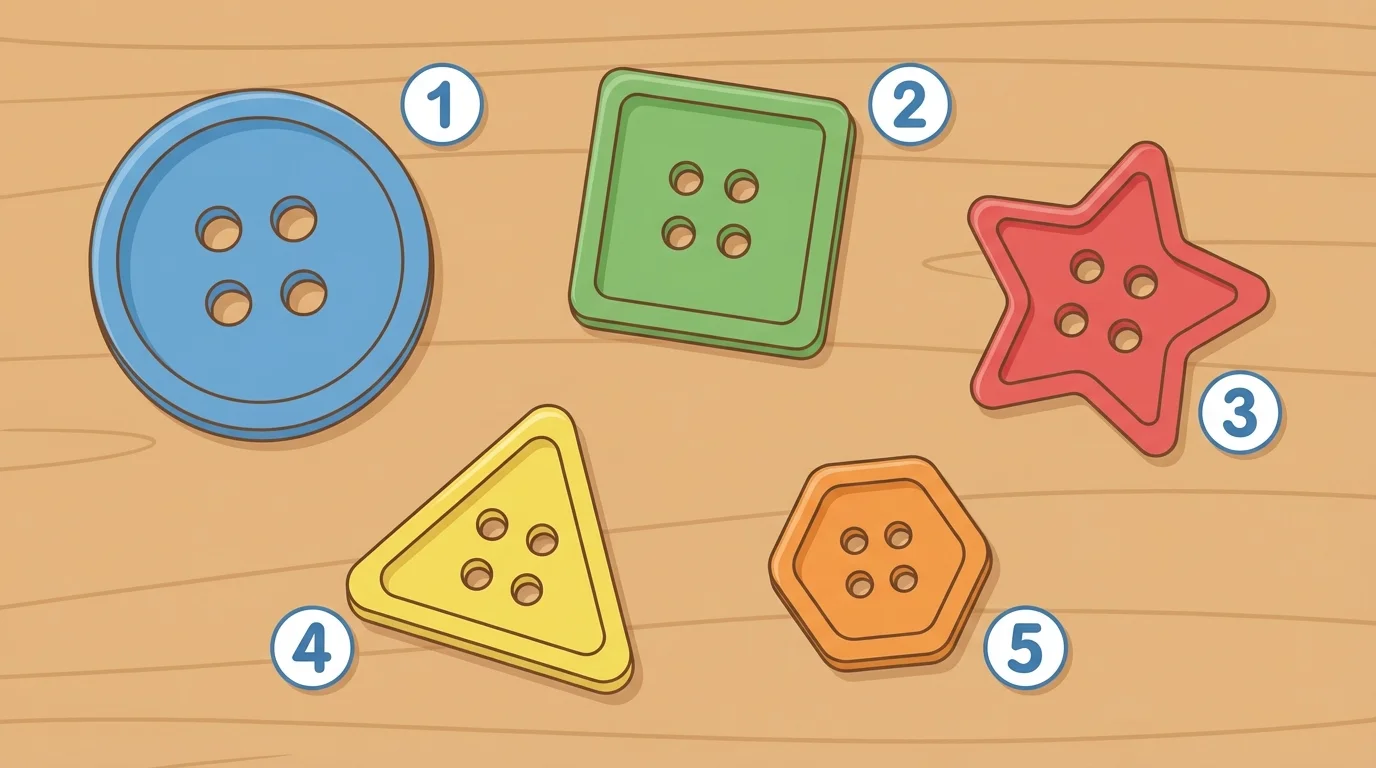 five toy buttons spread apart on a table with simple count order marks from 1 through 5