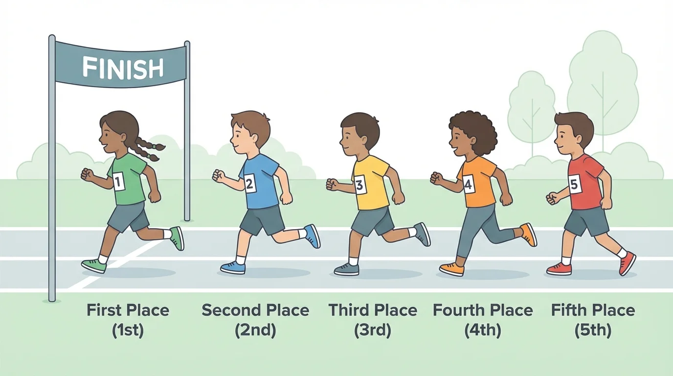 Children finishing a short race, with places first through fifth shown clearly