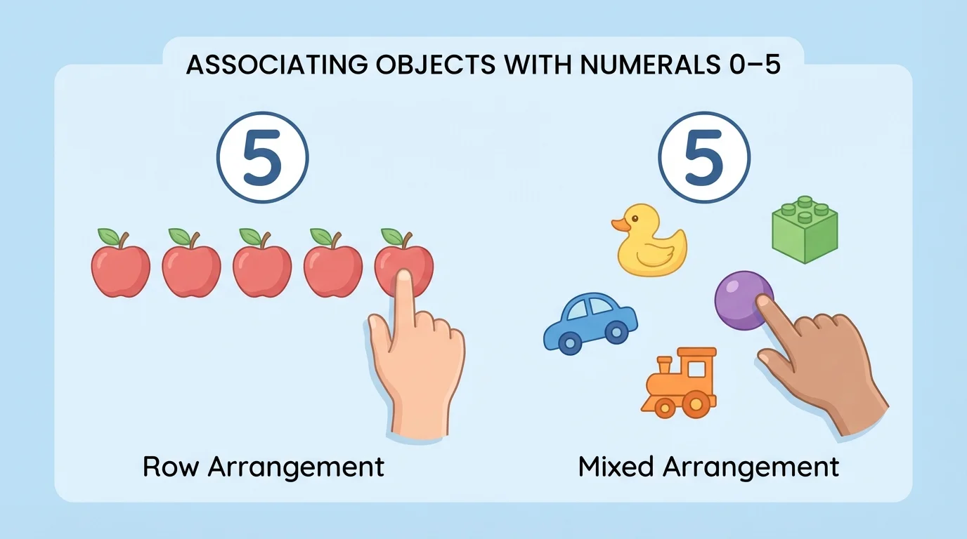 Child's hand pointing to objects one at a time in a row and in a mixed arrangement